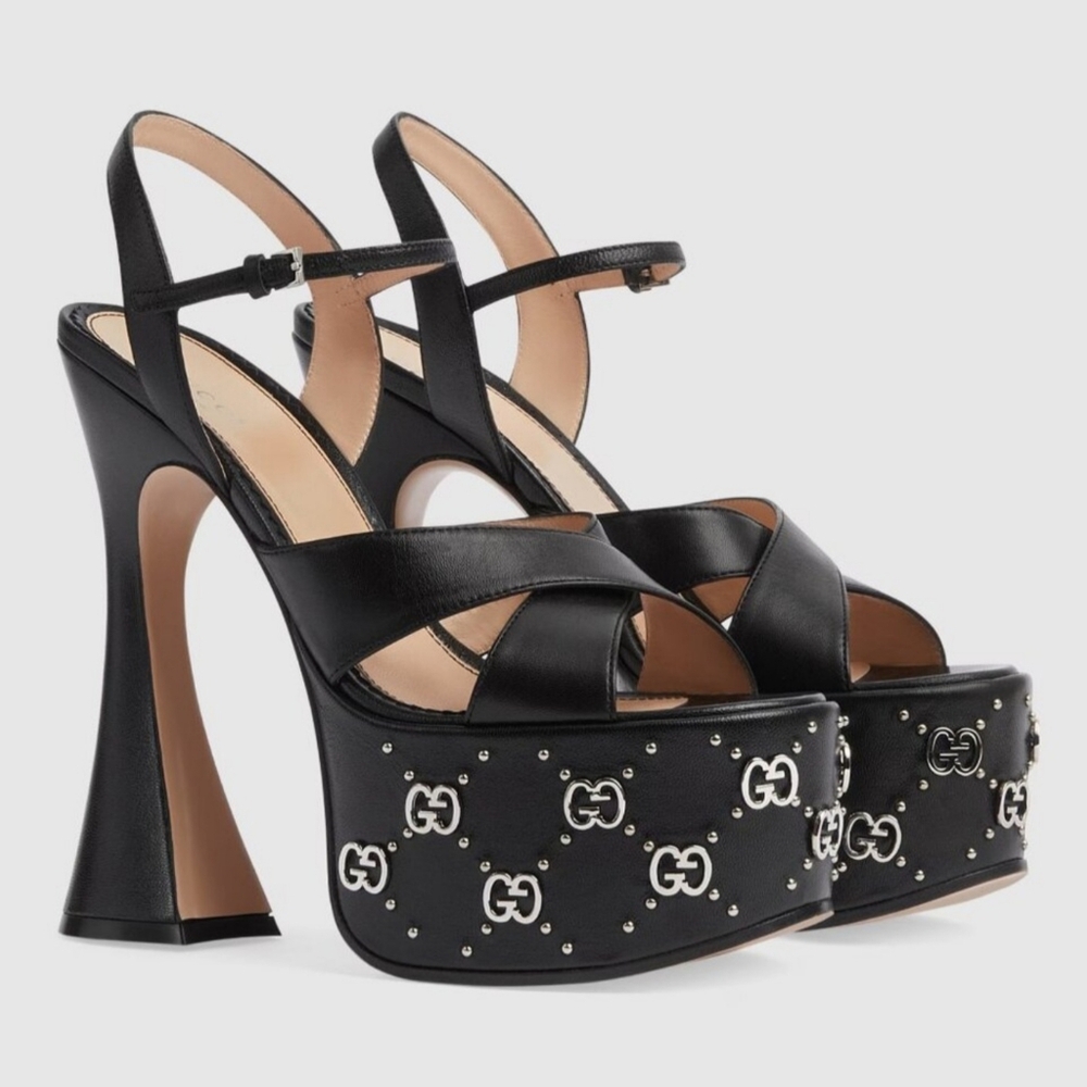 GUCCI SHOES JANAYA GG LOGO STUD PLATFORM BLACK LEATHER SANDALS